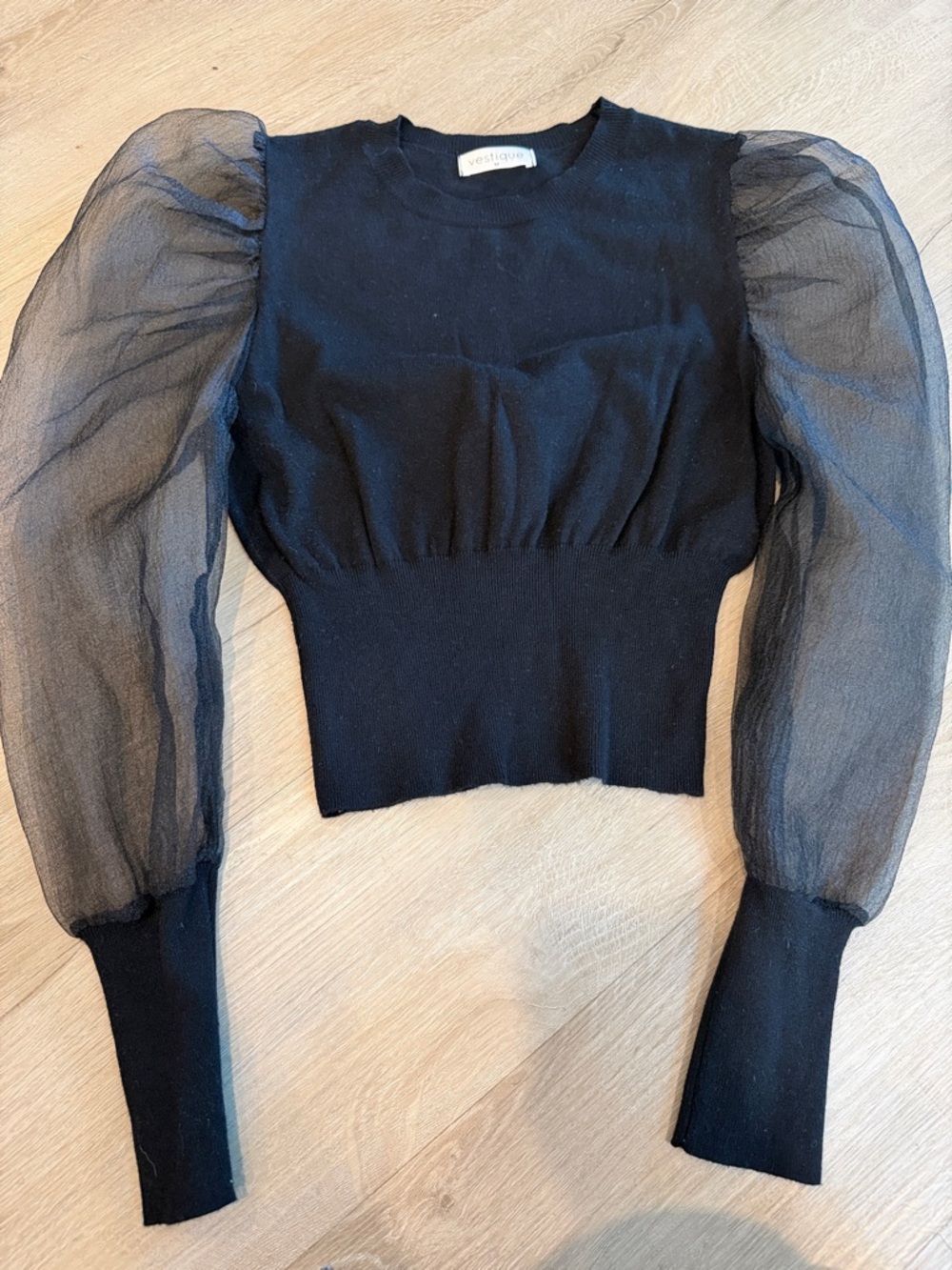 vestique Black Sheer Puff Sleeve Knit Top